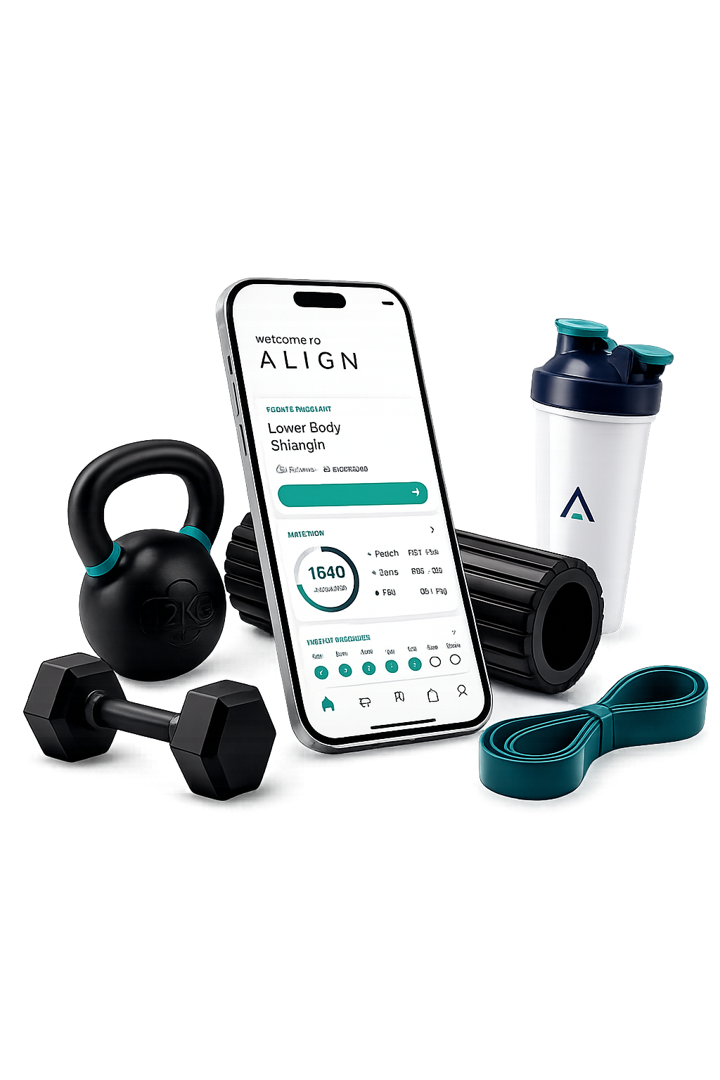 ALIGN app on iPhone surrounded by kettlebell, dumbbell, foam roller, resistance band and shaker